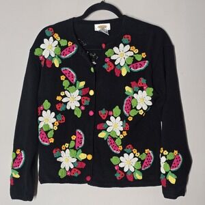 Talbots Petites Black Floral Fruit Embroidered Sweater Cardigan Sz PS Cottage